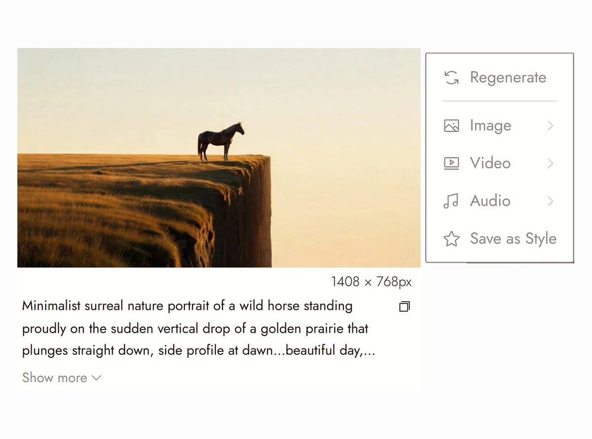Flick editor with a Grok Imagine image node from Dreamland selected, a lone horse standing at the edge of a golden cliff at dawn, and the prompt that made it