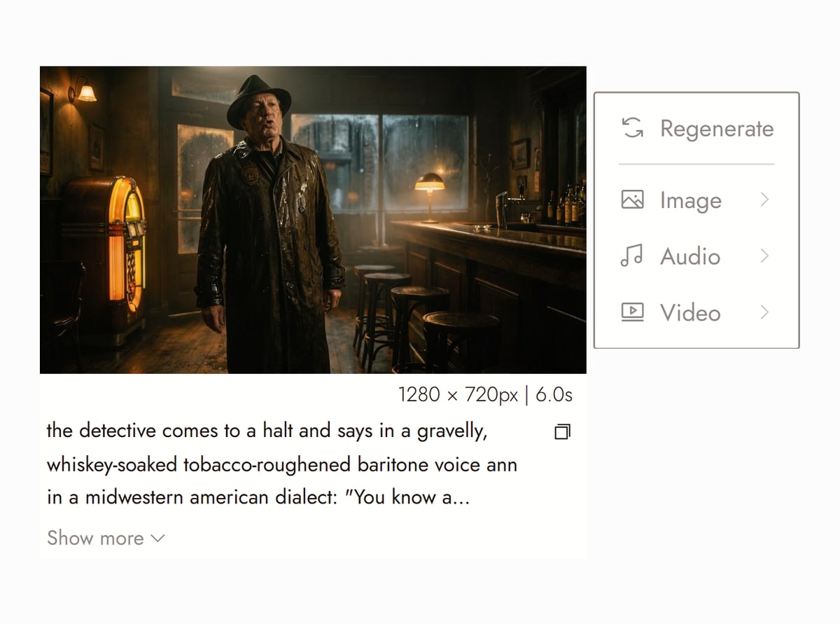 Flick editor with a Grok Imagine video node from The Last Stop selected, a detective in a hat and trench coat standing in a bar beside a glowing jukebox, and the prompt that made it