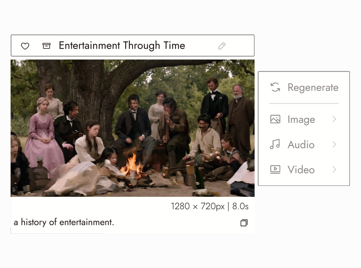 Flick editor with Entertainment Through Time from Summer time selected, people in period dress gathered around a campfire under a large tree, and the prompt that made it