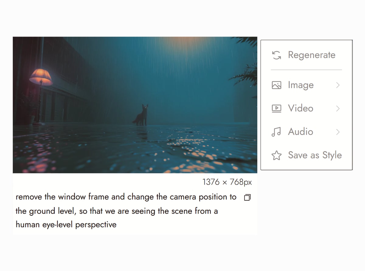 Flick editor with an edited image node from Tired Eyes selected, a flooded room at night with a lamp and a figure in the rain seen from ground level, and the prompt that moved the camera to eye level