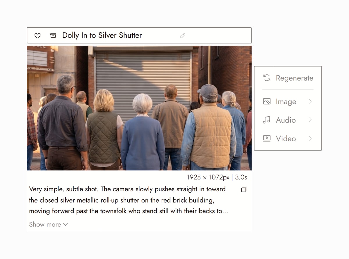 Flick editor with Dolly In to Silver Shutter from Still Time selected, a crowd of townsfolk with their backs to the camera facing a closed metal shutter on a brick building, and the prompt that made it