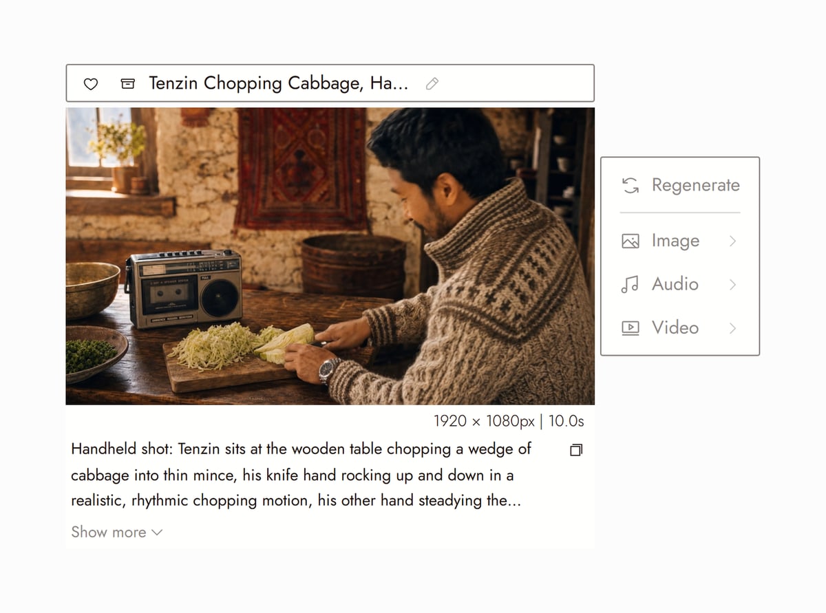 Flick editor with Tenzin Chopping Cabbage from Seasons selected, a man in a knitted sweater chopping cabbage at a wooden table beside an old radio, and the prompt that made it