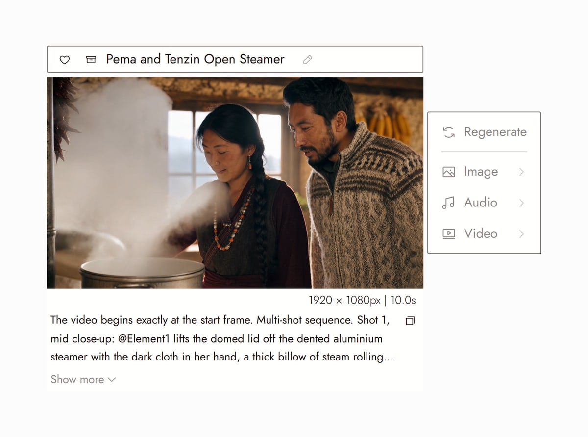 Flick editor with Pema and Tenzin Open Steamer from Seasons selected, a woman and a man lifting the lid off a steaming pot in a kitchen, and the prompt that made it