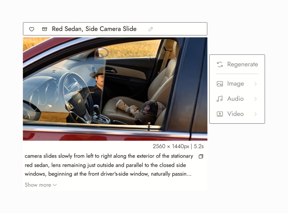 Flick editor with Red Sedan, Side Camera Slide from Still Time selected, a man seen through the side window of a parked red sedan, and the prompt that made it