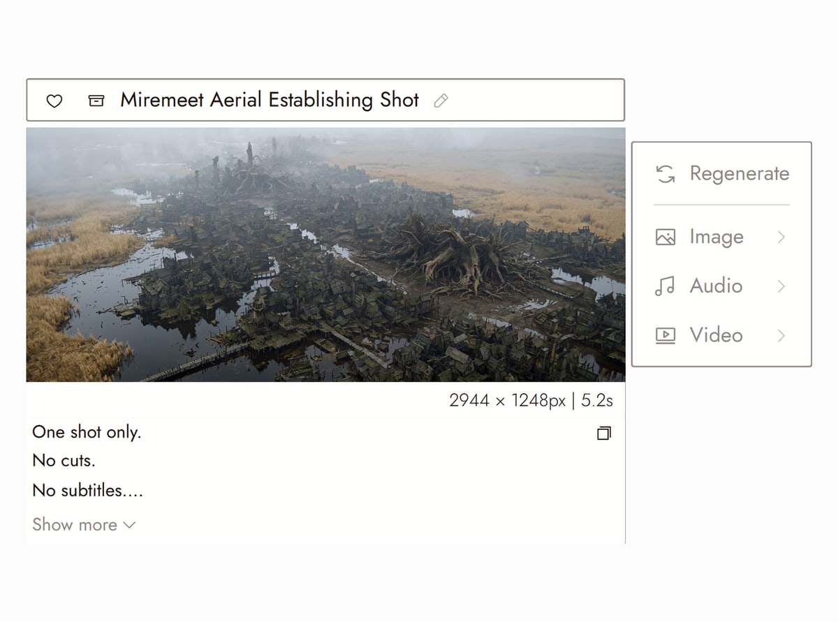Flick editor with Miremeet Aerial Establishing Shot from In ’twixt Vows selected, an aerial view of a ruined city overgrown with trees and cut by water channels, and the prompt that made it