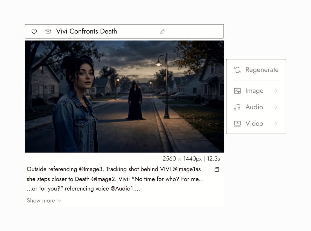 Flick editor with Vivi Confronts Death from One More Day selected, a woman in a denim jacket on a suburban street at dusk facing a hooded figure, and the prompt that made it