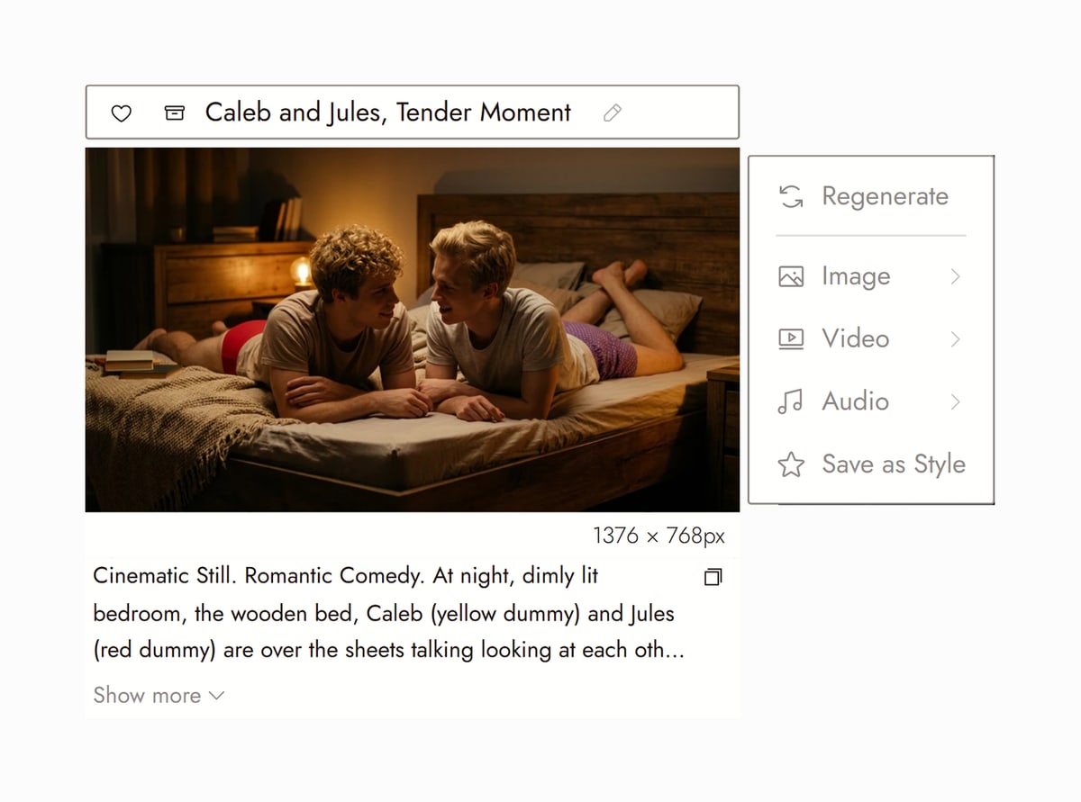 Flick editor with Caleb and Jules, Tender Moment from Still Time selected, two young men lying face to face on a wooden bed in a lamp lit bedroom, and the prompt that made it