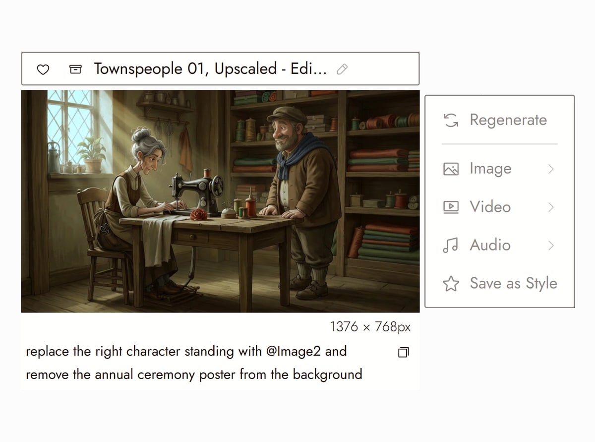 Flick editor with Townspeople 01, Upscaled, Edit from Happy Souls Alive selected, an older woman at a sewing machine and a man in a cap talking across a table in a small workshop, and the prompt that replaced one character using a reference