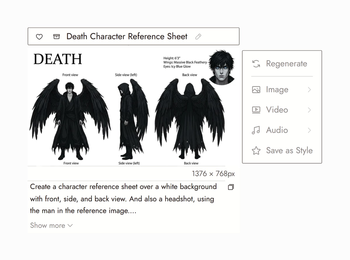 Flick editor with Death Character Reference Sheet from One More Day selected, front, side and back views of a winged figure in a black cloak plus a headshot on a white sheet, and the prompt that made it
