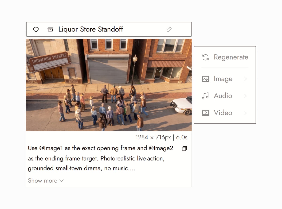 Flick editor with Liquor Store Standoff from Still Time selected, townsfolk gathered on a small town street outside a brick theatre seen from above, and the prompt that made it