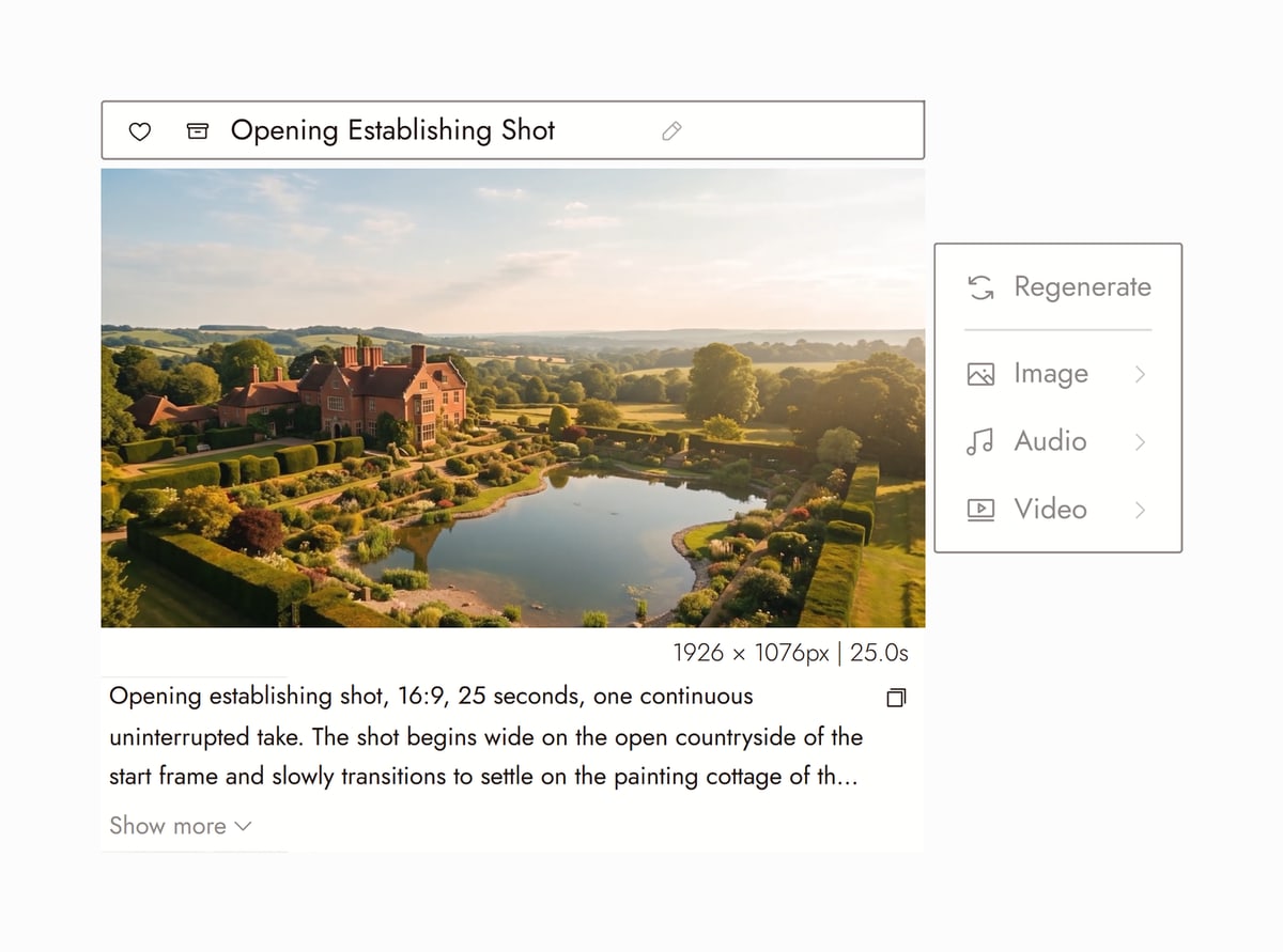 Flick editor with Opening Establishing Shot from Churchill's Mum selected, a wide aerial view of a red brick manor, its gardens and a lake in the English countryside, and the prompt that made it
