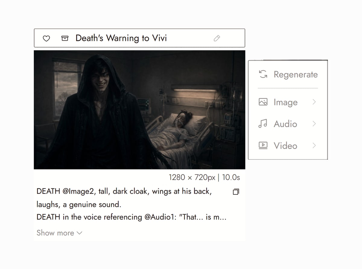 Flick editor with Death's Warning to Vivi from One More Day selected, a hooded dark figure standing beside a woman lying in a hospital bed, and the prompt that made it