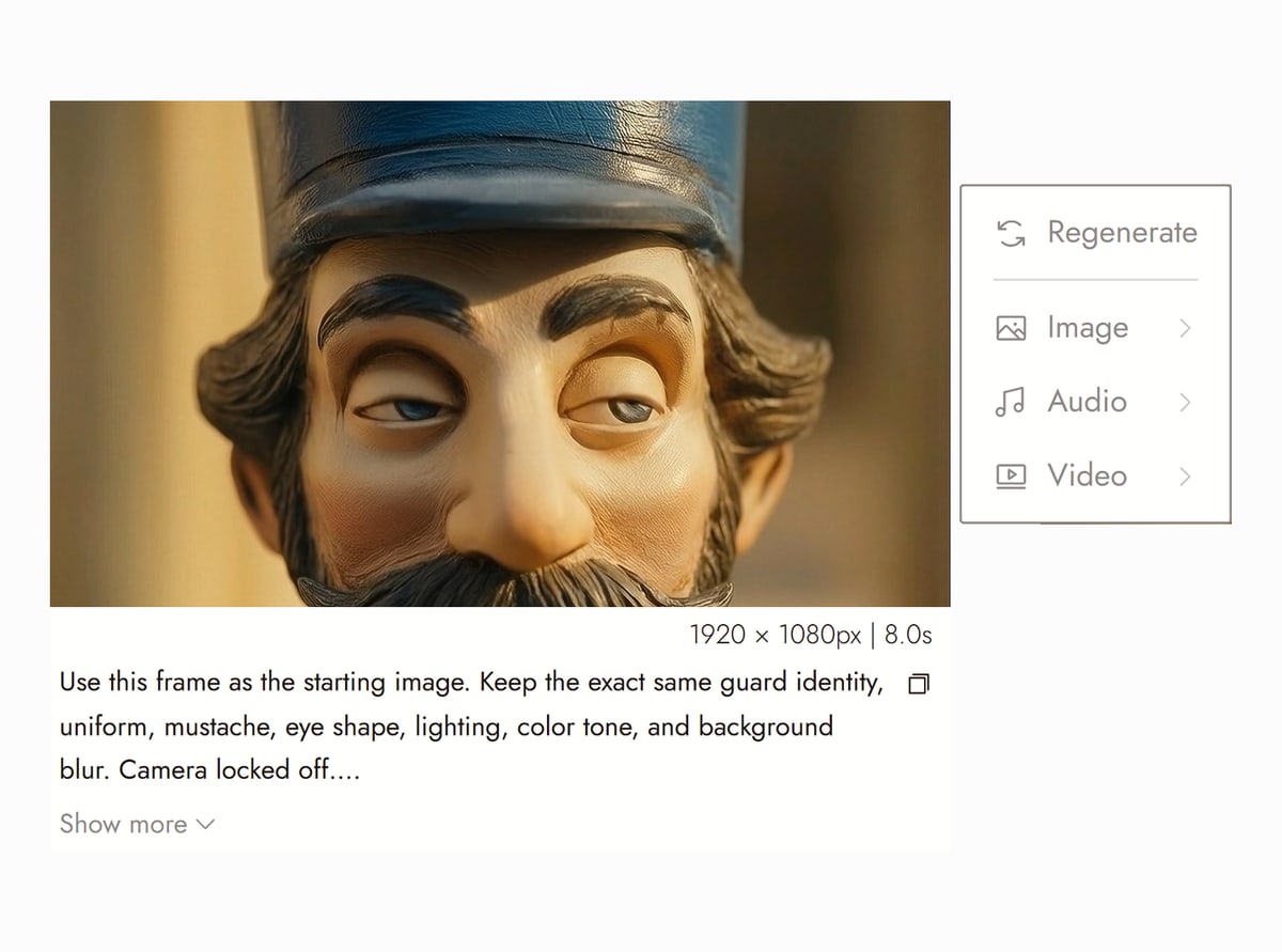 Flick editor with a Veo video node from Guard selected, a close up of a clay guard figure with a blue cap and a thick moustache, and the prompt that made it
