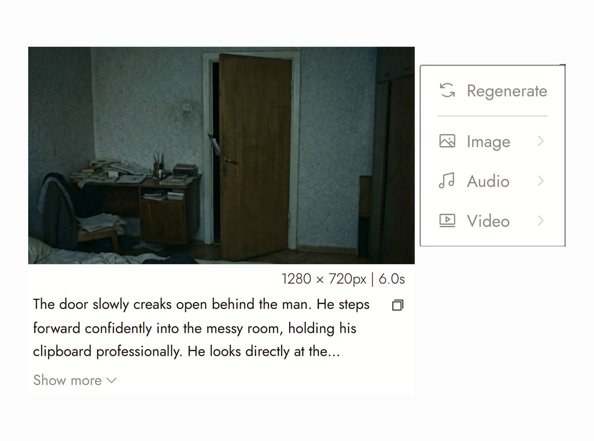 Flick editor with a Veo video node from TOMORROW ME selected, a door opening into a dim and messy room with a desk, and the prompt that made it