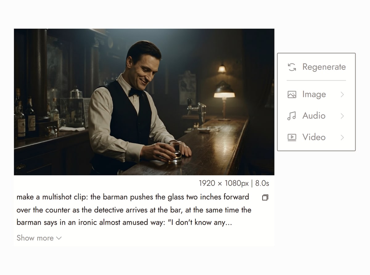Flick editor with a Veo video node from The Last Stop selected, a smiling barman in a waistcoat and bow tie polishing a glass at a wooden bar, and the prompt that made it