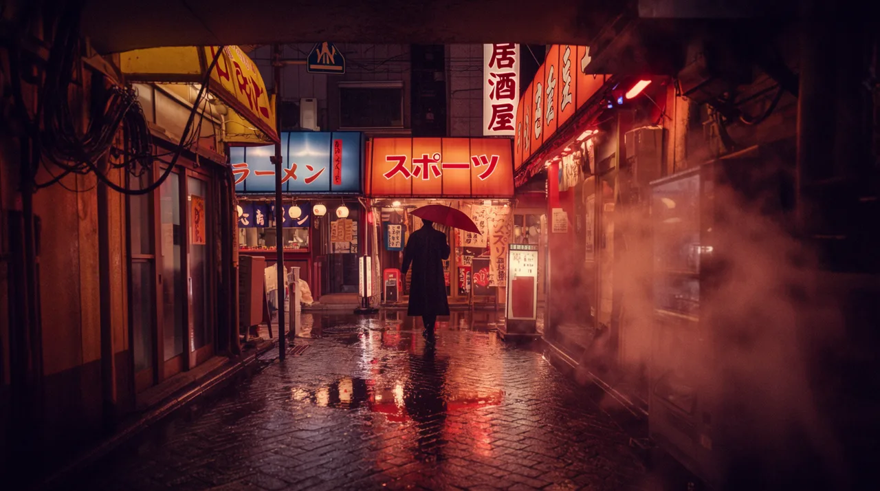 Vicolo di Tokyo illuminato dalla pioggia