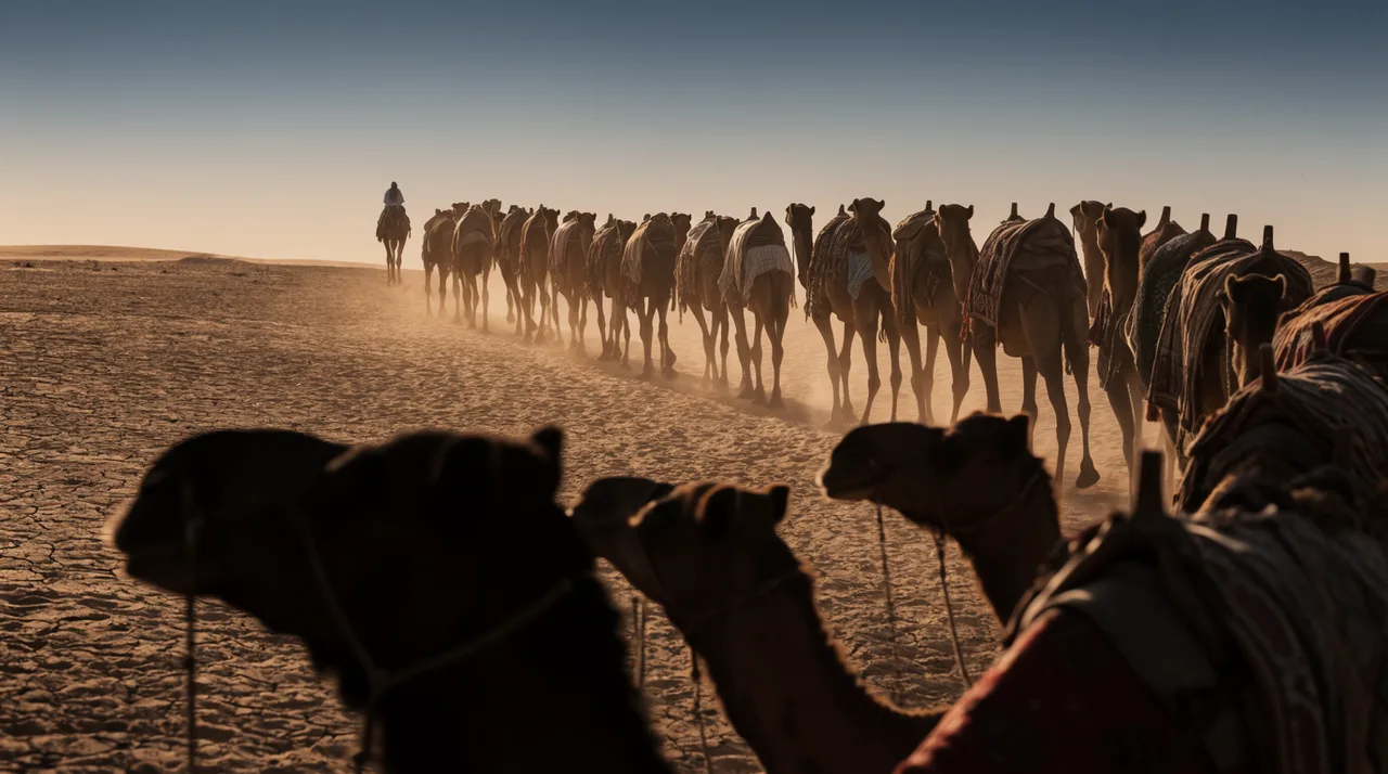 Carovana nel deserto all'alba