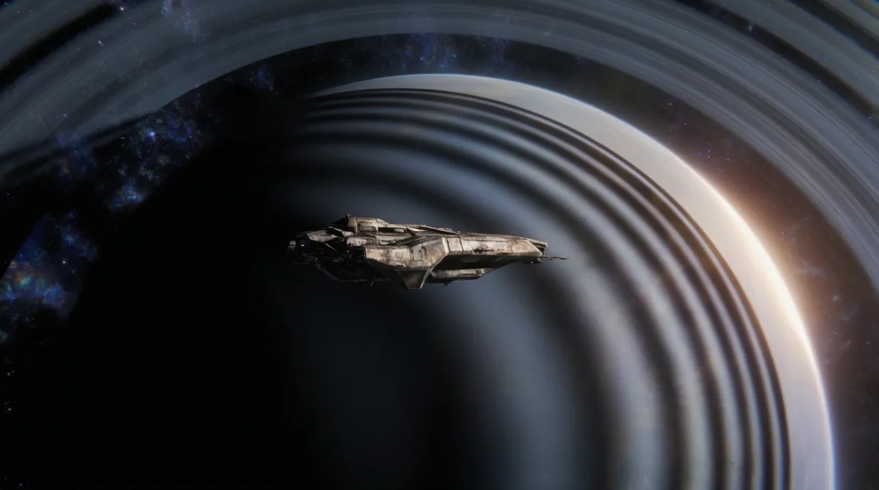 Spaceship Drifts Past Rings