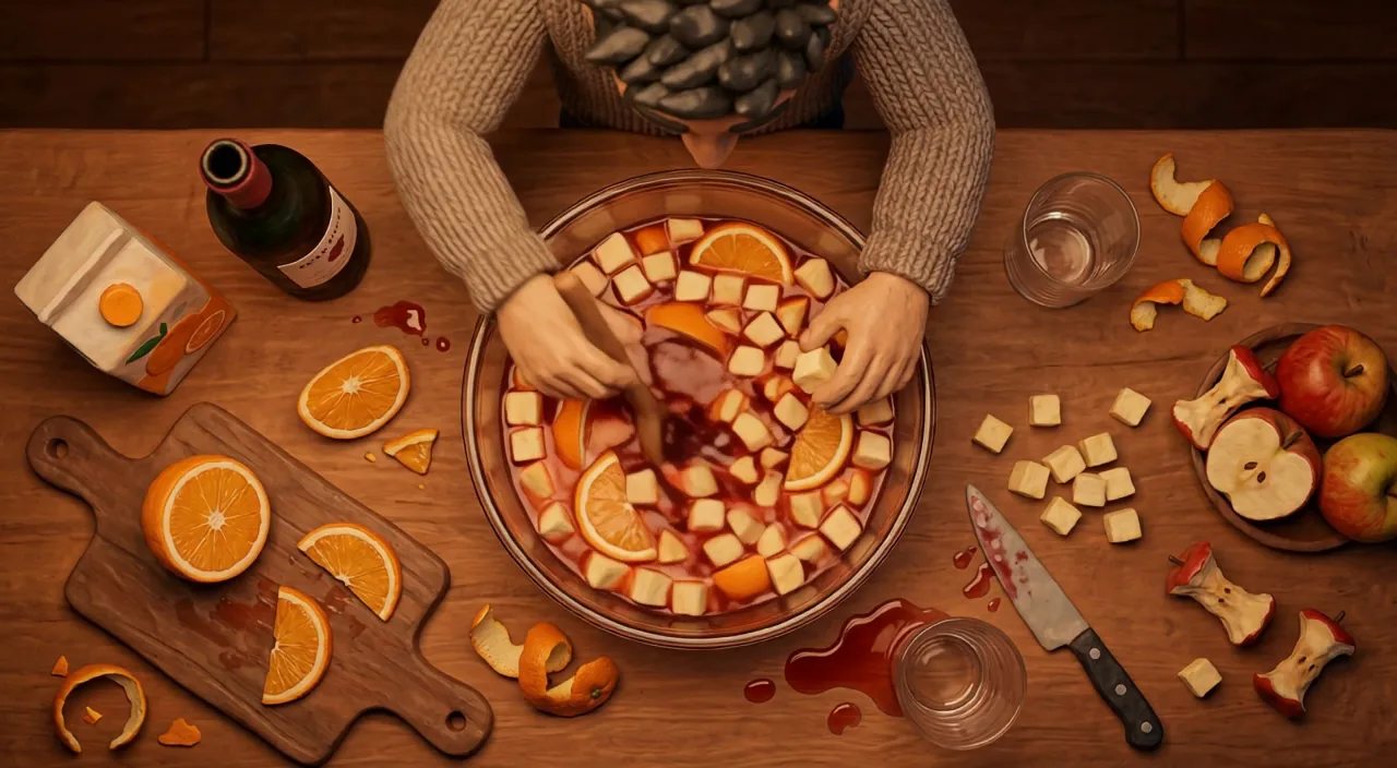 Stirring the sangria, top view, from A very unusual story