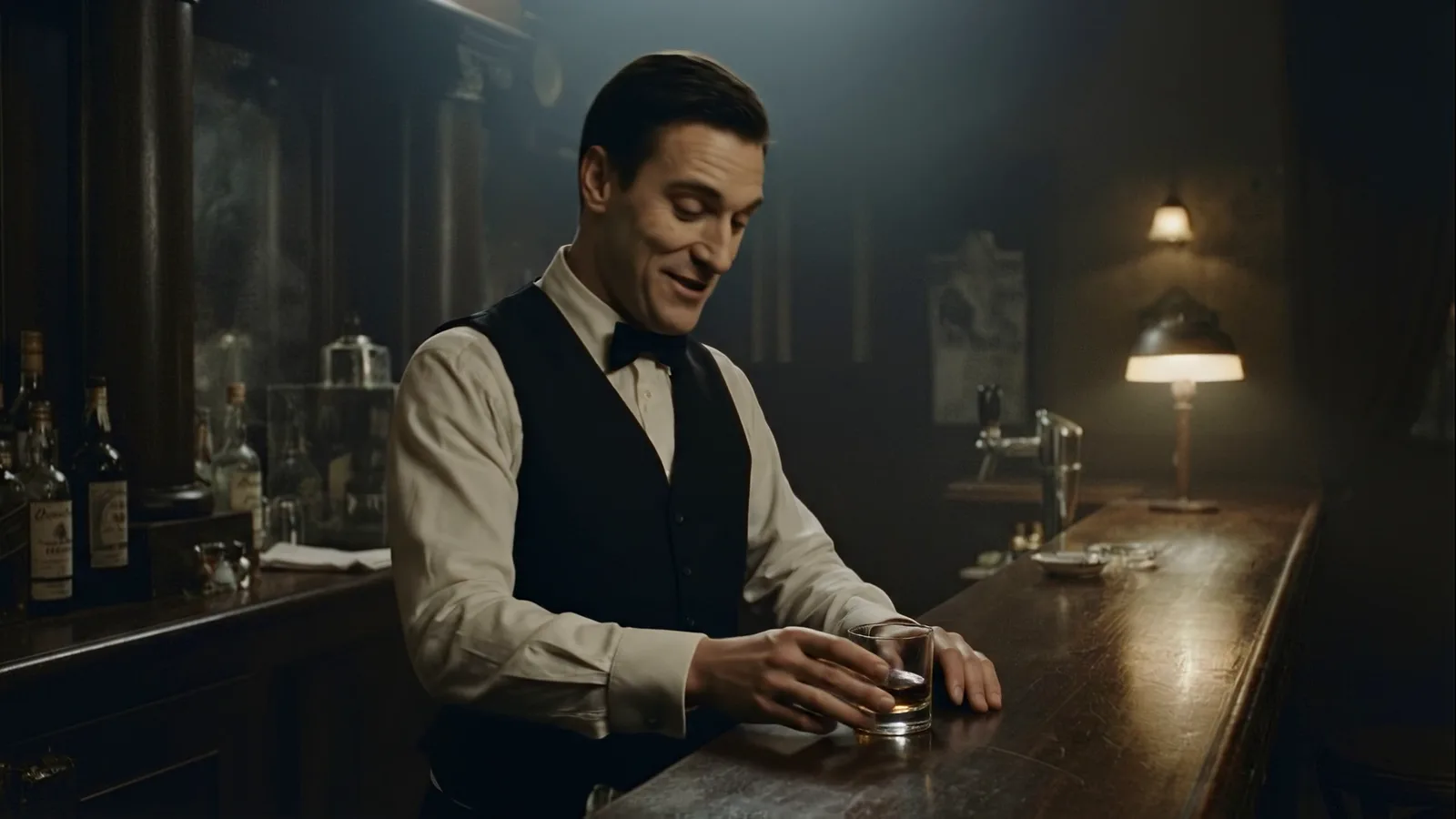 The barman pushes the glass over, from The Last Stop